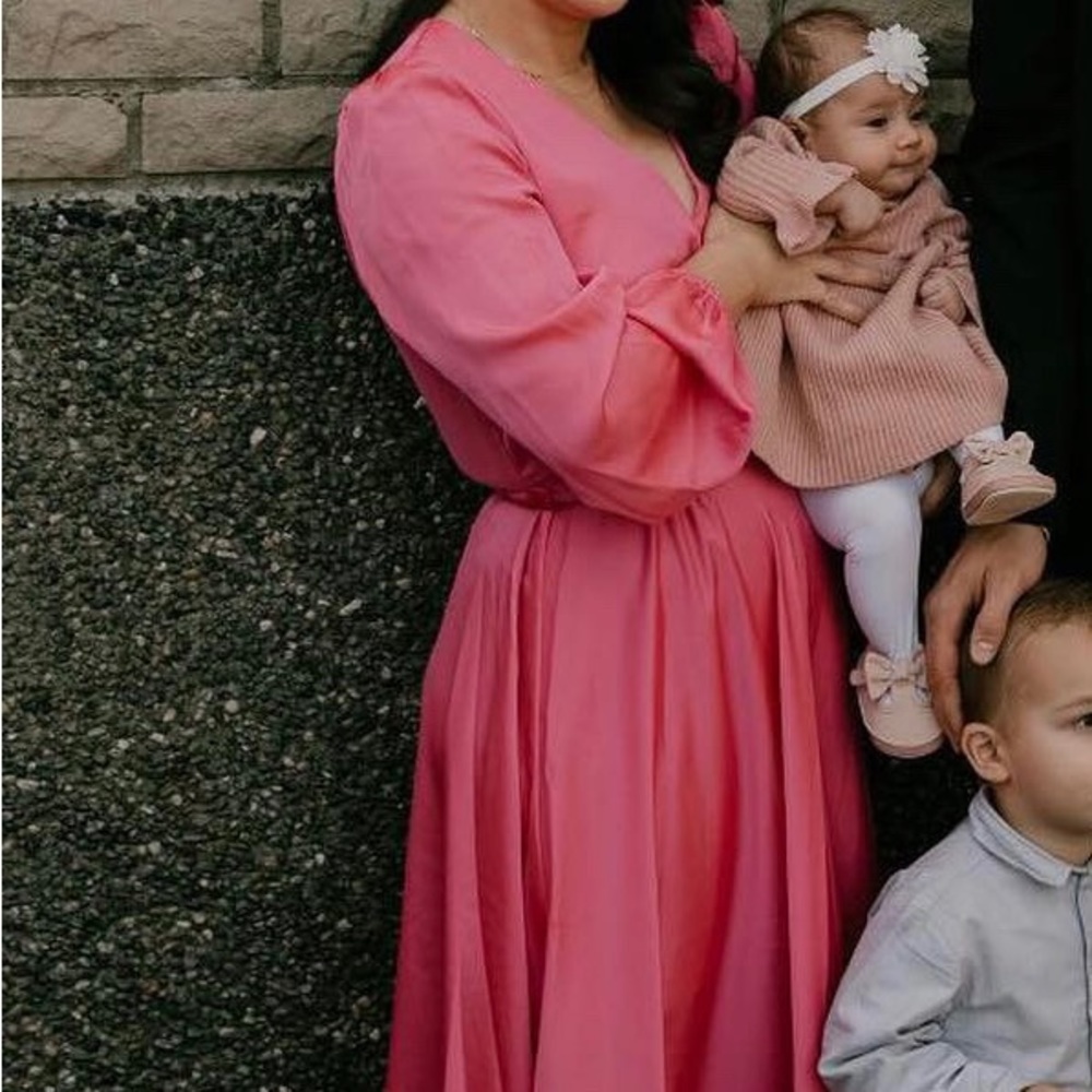 Hot pink silk Evernew satin dress.